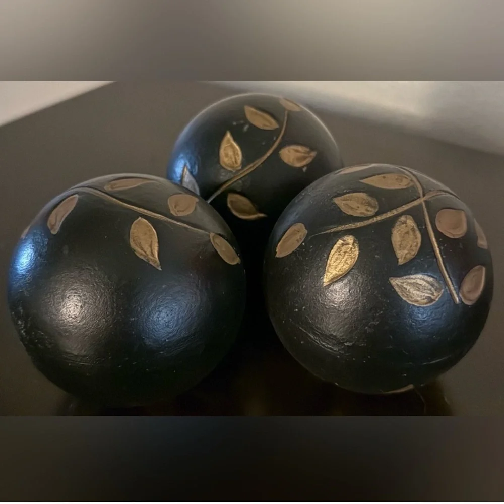 Pier 1 Earthy Black & Tan Decorative Orbs Set (3) | 3” Spheres | Modern Wood